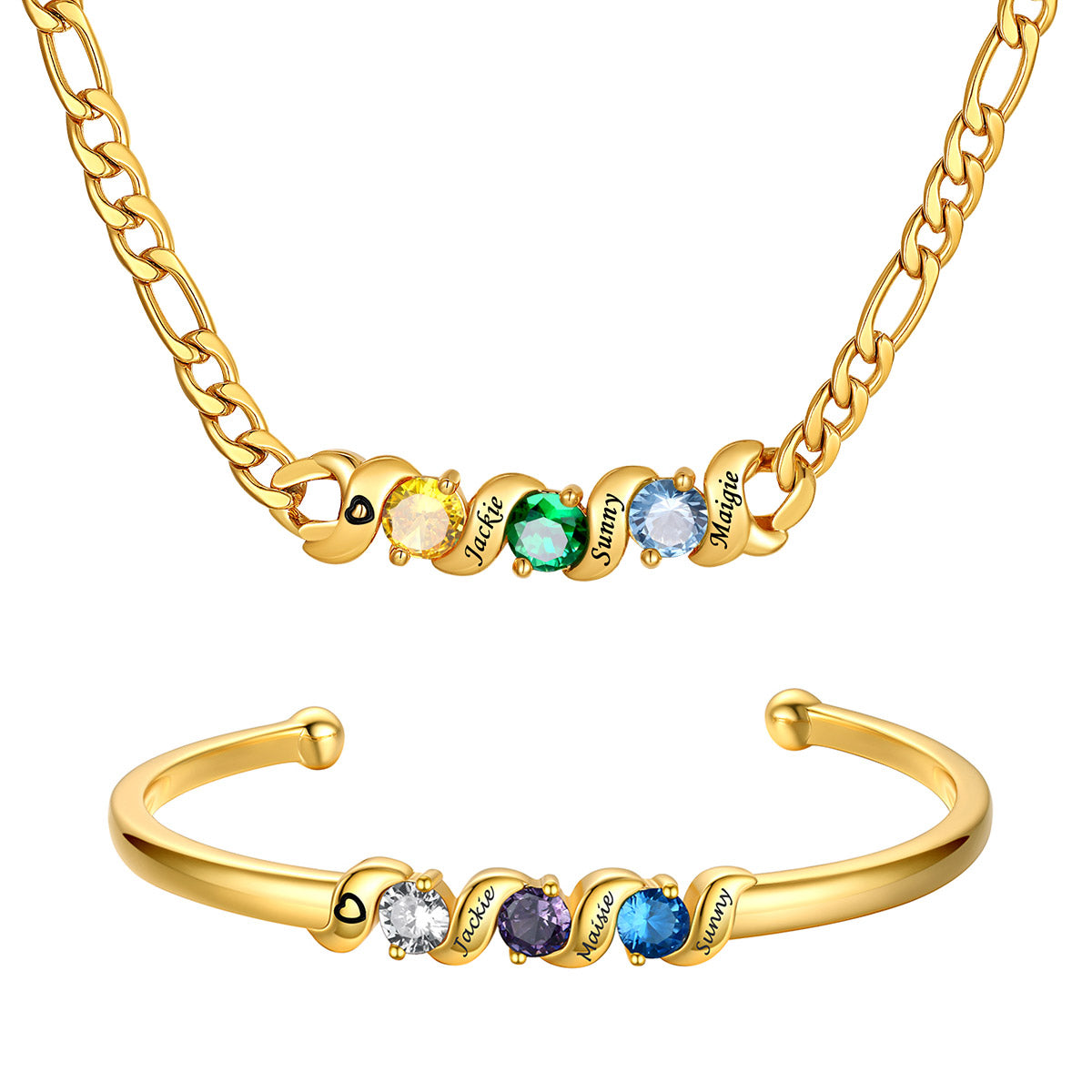 Gold Plated Personalized Family 3 Birthstone Necklace and Bracelet Set on a white background