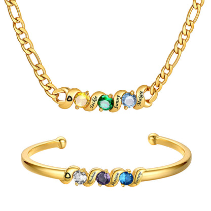 Gold Plated Personalized Family 3 Birthstone Necklace and Bracelet Set on a white background