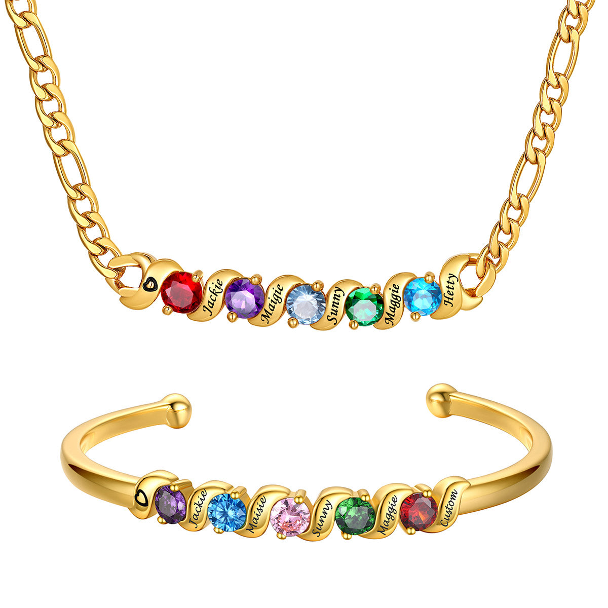 Gold Plated Personalized Family 5 Birthstone Necklace and Bracelet Set on a white background