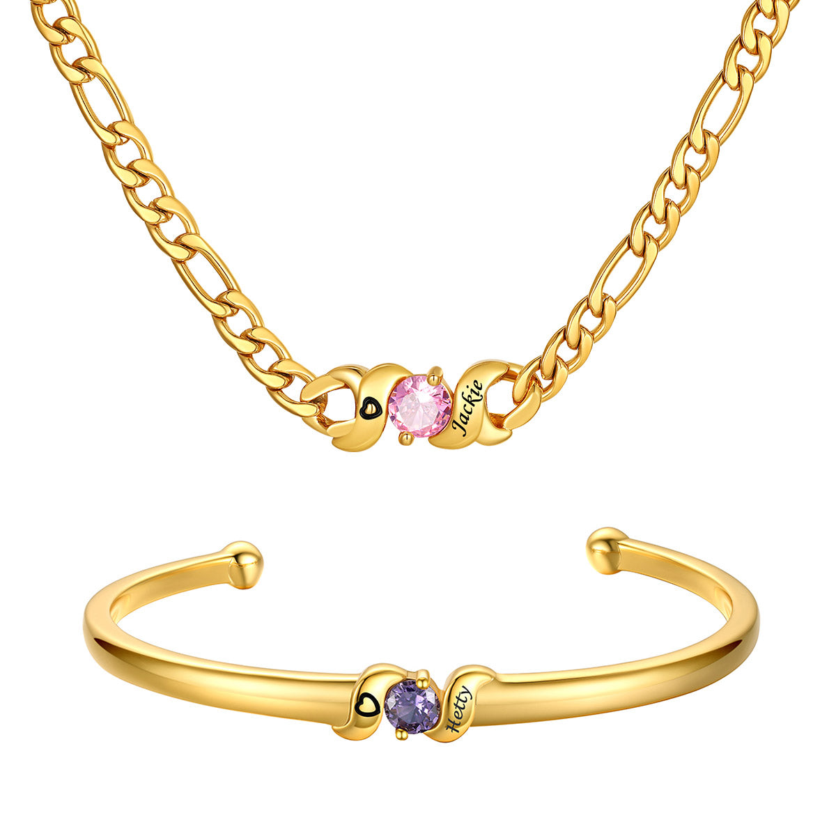 Gold Plated Personalized Family Birthstone Necklace and Bracelet Set on a white background