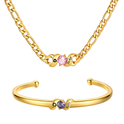 Gold Plated Personalized Family Birthstone Necklace and Bracelet Set on a white background
