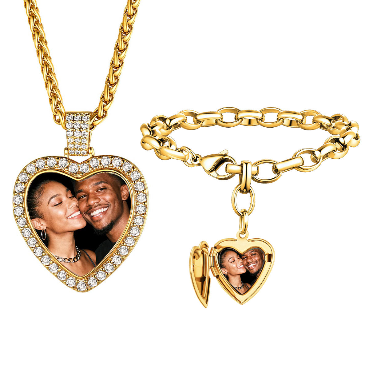 Gold Plated Personalized Heart Photo Necklace & Locket Bracelet Set on a white background 