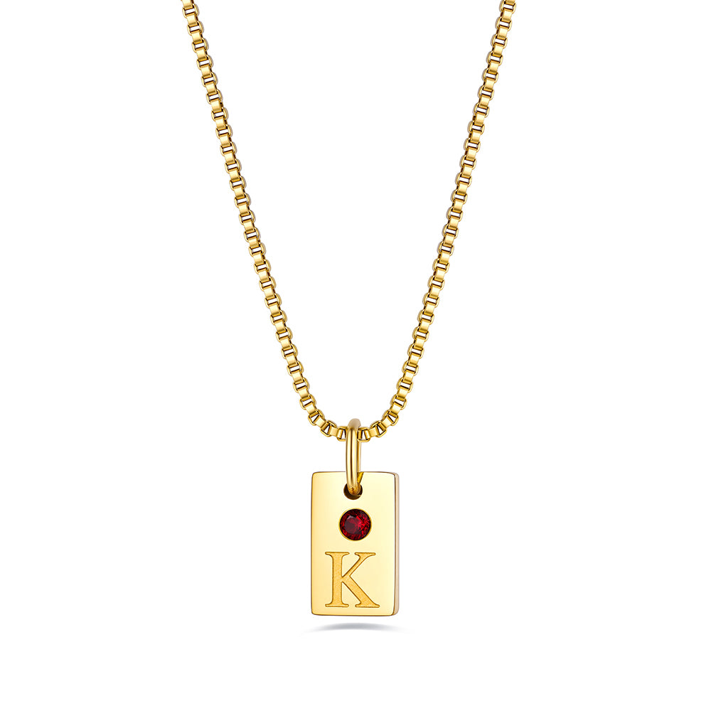 Gold Plated Personalized Initial Birthstone 1 Tags Necklace on a white background