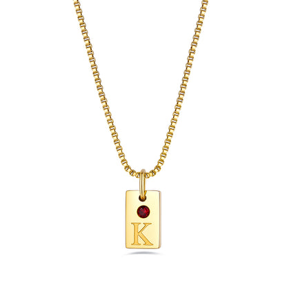 Gold Plated Personalized Initial Birthstone 1 Tags Necklace on a white background