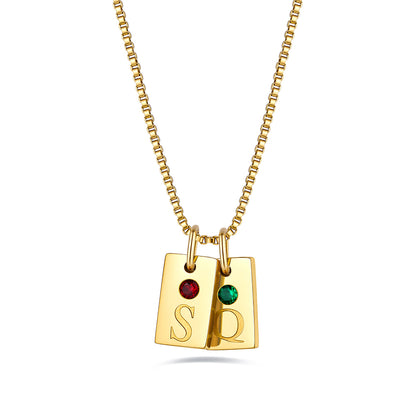 Gold Plated Personalized Initial Birthstone 2 Tags Necklace on a white background