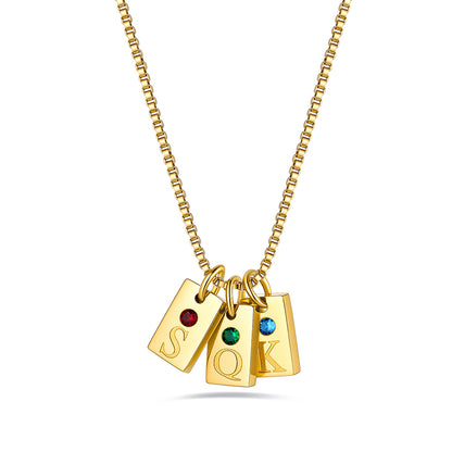Gold Plated Personalized Initial Birthstone 3 Tags Necklace on a white background