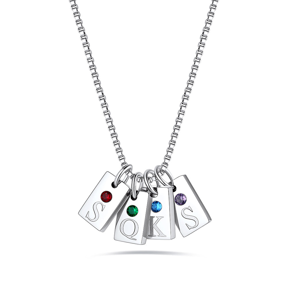 Gold Plated Personalized Initial Birthstone 4 Tags Necklace on a white background