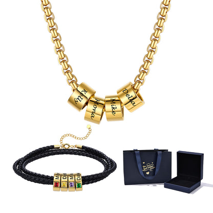 Gold Plated Personalized Multi Name Necklace and Birthstone Leather Bracelet Set on White Background