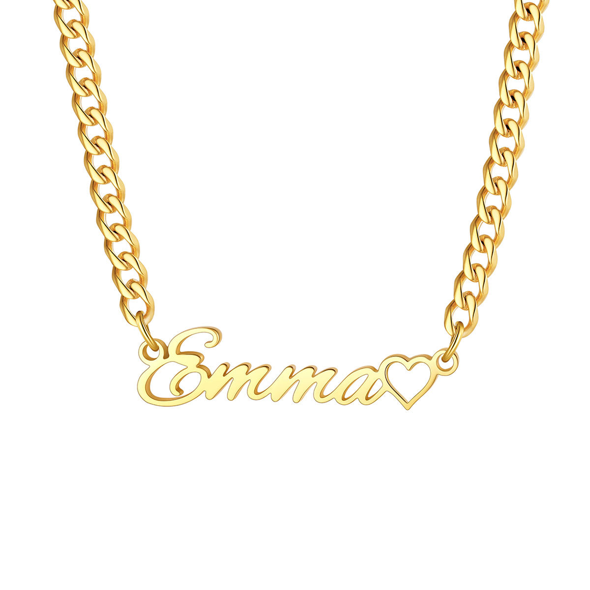 Gold Plated Personalized Name Cuban Link Necklace with Mini Heart  on a white background