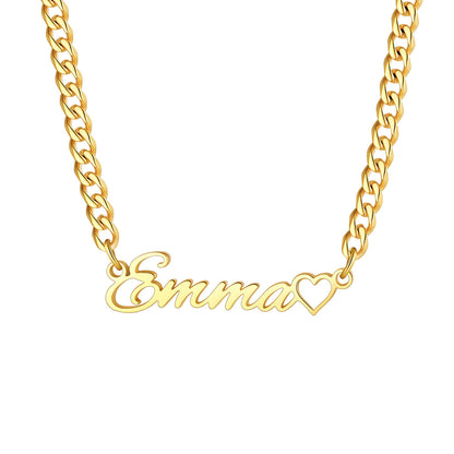 Gold Plated Personalized Name Cuban Link Necklace with Mini Heart  on a white background