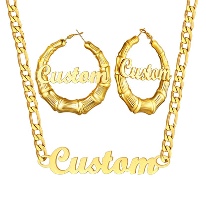 Gold Plated Personalized Name Figaro Chain Necklace and Bamboo Name Hoop Earrings Set on a white background