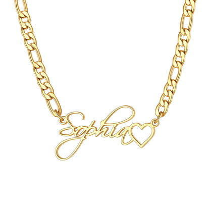 Gold Plated Personalized Name Figaro Chain Necklace with Mini Heart  on a white background