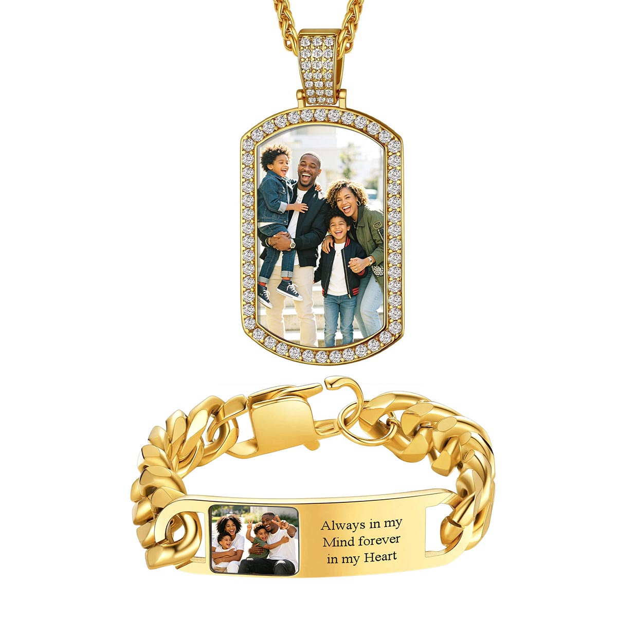Gold Plated Personalized Photo Dog Tag Necklace & Bracelet Set on a white background