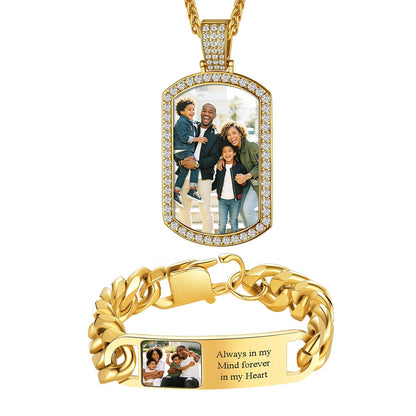 Gold Plated Personalized Photo Dog Tag Necklace & Bracelet Set on a white background