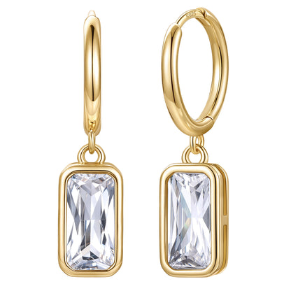 Gold Plated Rectangular Baguette‑Cut April Birthstone Huggie Dangle Earrings on a white background