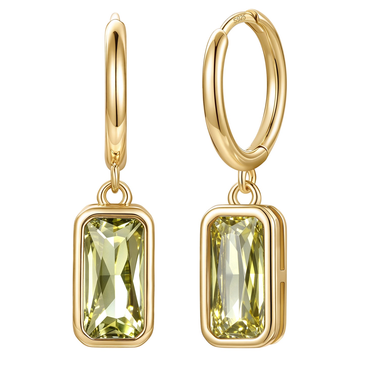 Gold Plated Rectangular Baguette‑Cut August Birthstone Huggie Dangle Earrings on a white background