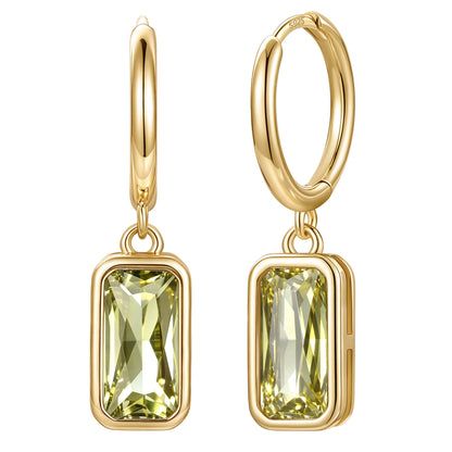 Gold Plated Rectangular Baguette‑Cut August Birthstone Huggie Dangle Earrings on a white background