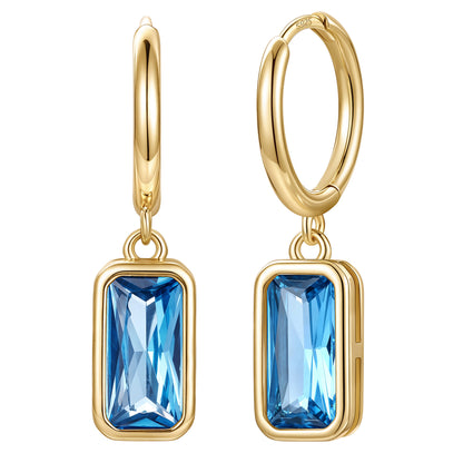Gold Plated Rectangular Baguette‑Cut December Birthstone Huggie Dangle Earrings on a white background