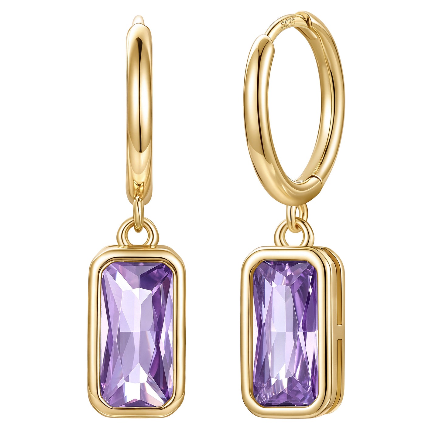 Gold Plated Rectangular Baguette‑Cut February Birthstone Huggie Dangle Earrings on a white background