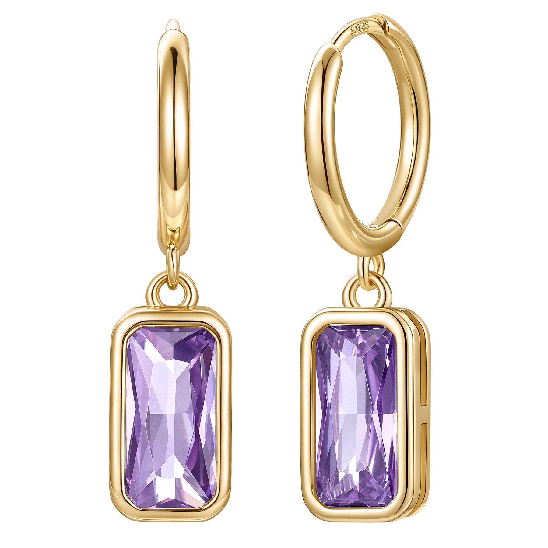Gold Plated Rectangular Baguette‑Cut February Birthstone Huggie Dangle Earrings on a white background
