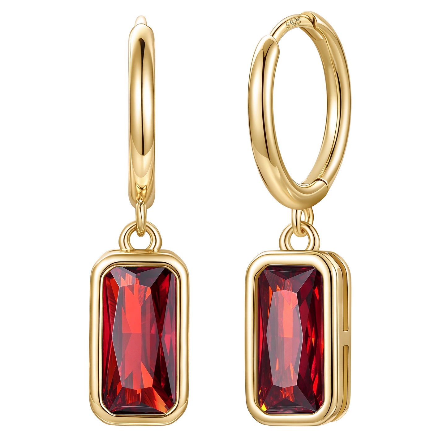 Gold Plated Rectangular Baguette‑Cut January Birthstone Huggie Dangle Earrings on a white background