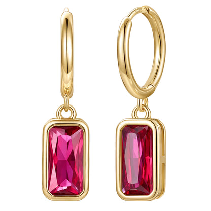 Gold Plated Rectangular Baguette‑Cut July Birthstone Huggie Dangle Earrings on a white background