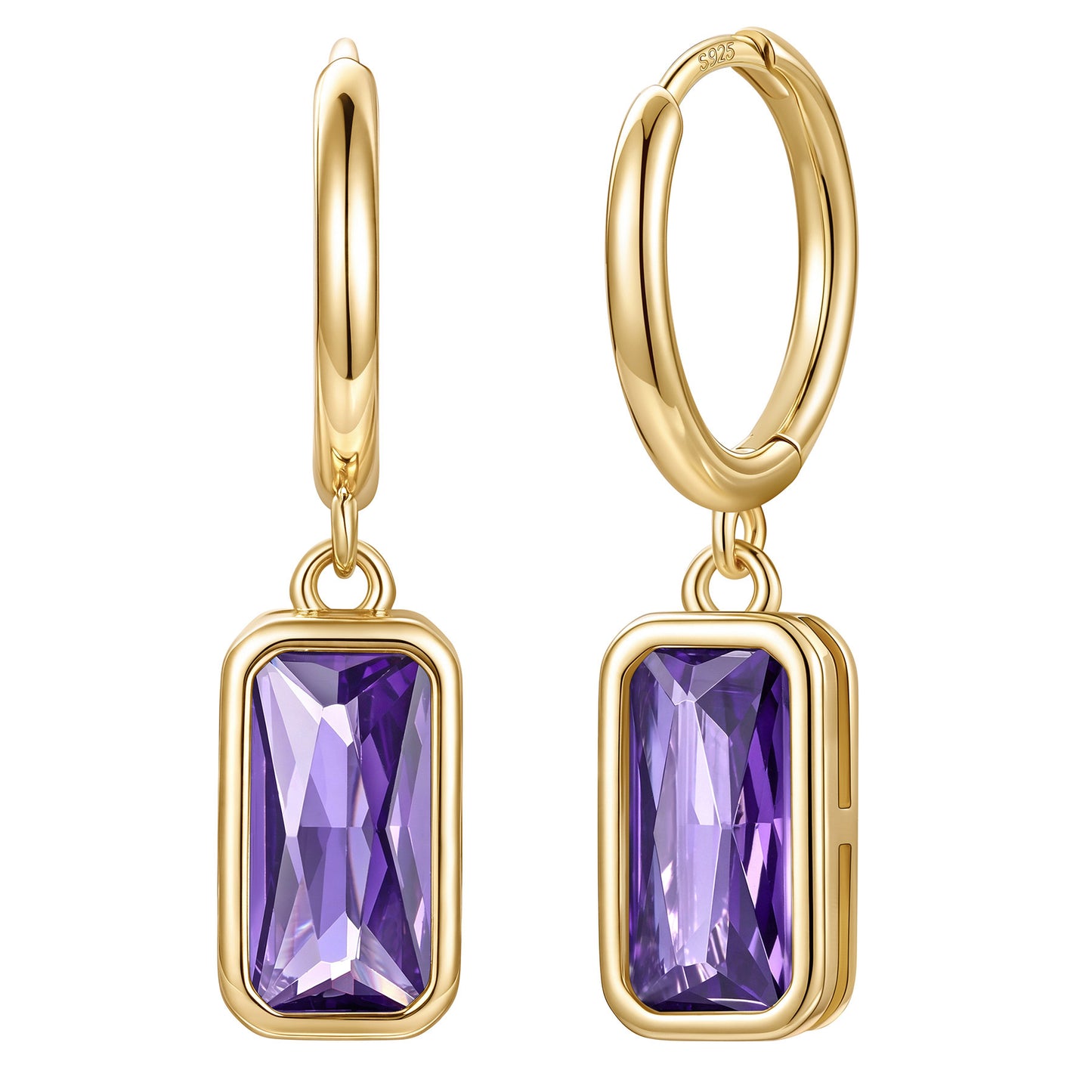 Gold Plated Rectangular Baguette‑Cut June Birthstone Huggie Dangle Earrings on a white background