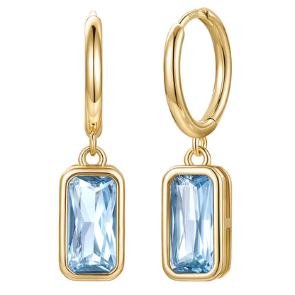 Gold Plated Rectangular Baguette‑Cut March Birthstone Huggie Dangle Earrings on a white background