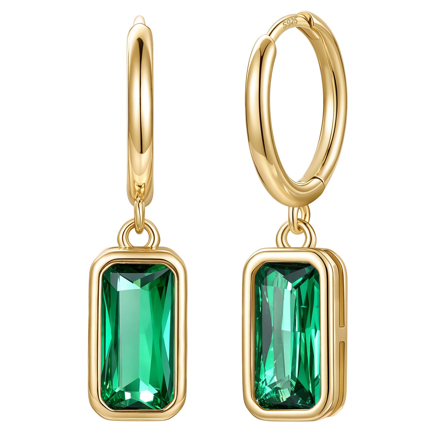 Gold Plated Rectangular Baguette‑Cut May Birthstone Huggie Dangle Earrings on a white background
