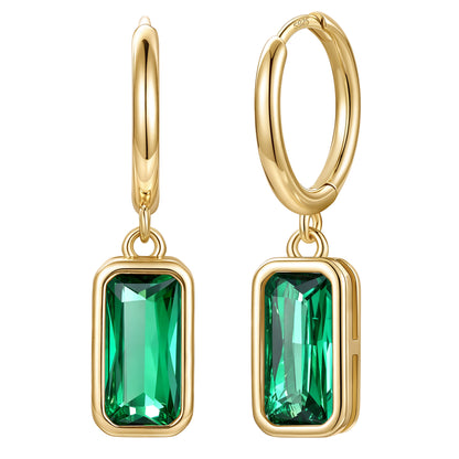 Gold Plated Rectangular Baguette‑Cut May Birthstone Huggie Dangle Earrings on a white background