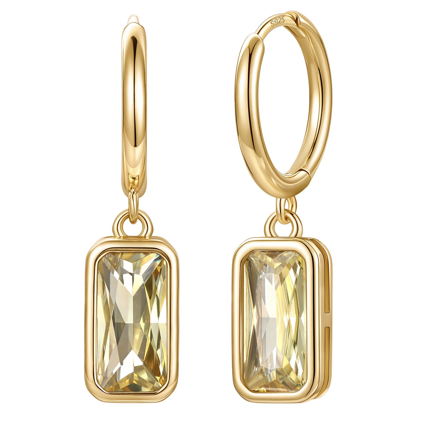 Gold Plated Rectangular Baguette‑Cut November Birthstone Huggie Dangle Earrings on a white background