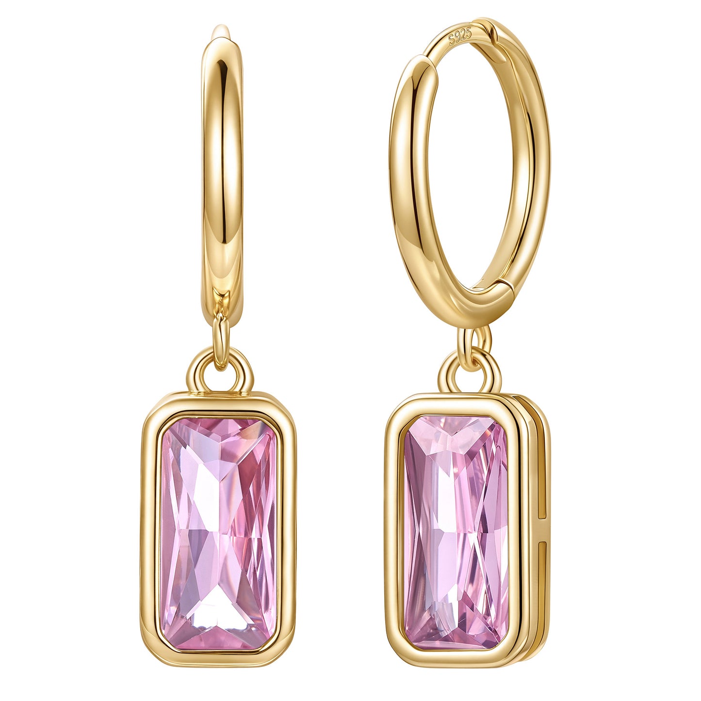 Gold Plated Rectangular Baguette‑Cut October Birthstone Huggie Dangle Earrings on a white background