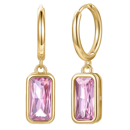 Gold Plated Rectangular Baguette‑Cut October Birthstone Huggie Dangle Earrings on a white background