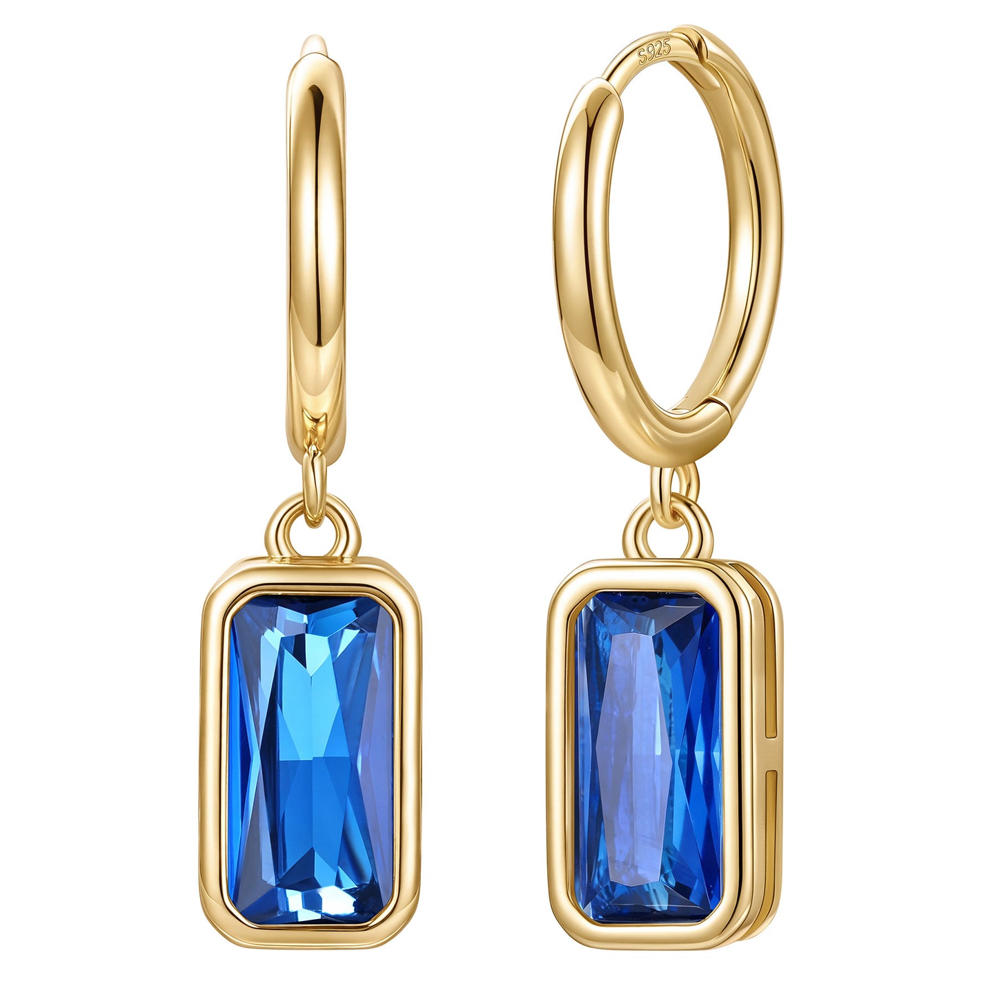 Gold Plated Rectangular Baguette‑Cut September Birthstone Huggie Dangle Earrings on a white background