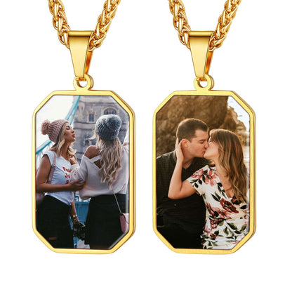 Gold Plated Stainless Steel Custom Double-Sided Photo Octagon Dog Tag Necklace on a white background