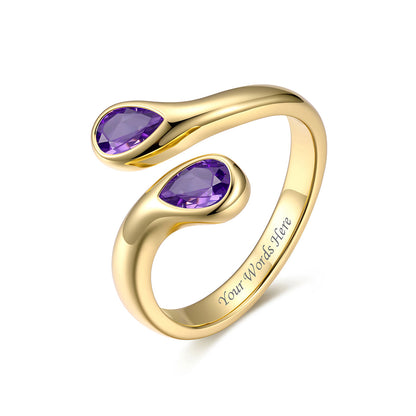 Gold Plated Teardrop February Birthstone Adjustable Ring on a white background