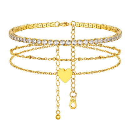 Gold Plated Tennis Beaded Heart  Chain Ankle Bracelet Set of 2
