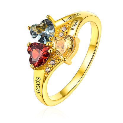  Gold Three birthstone ring for women, featuring a heart-shaped purple stone and custom engraving on the band.