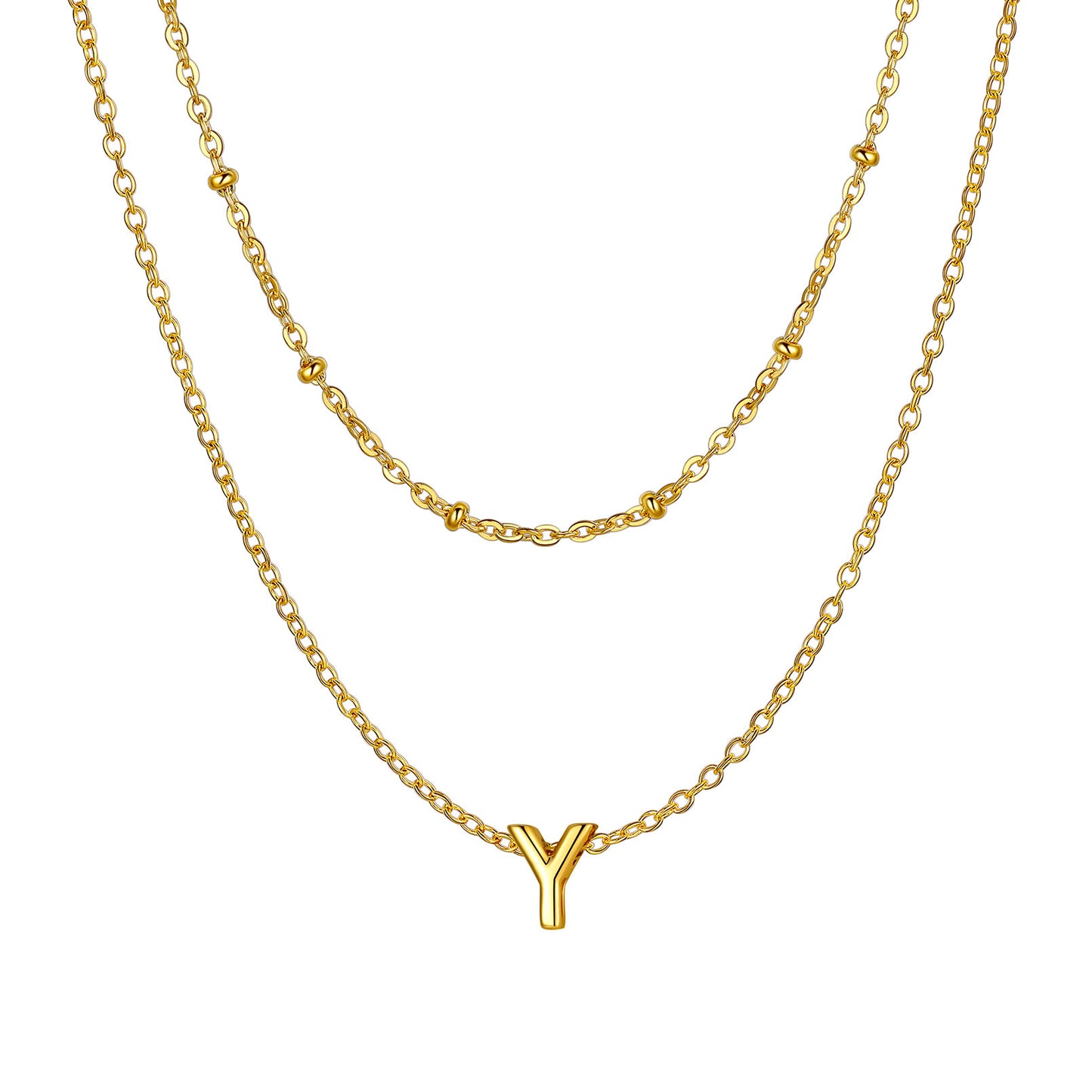 Gold Y Layered initial W necklace on a white background