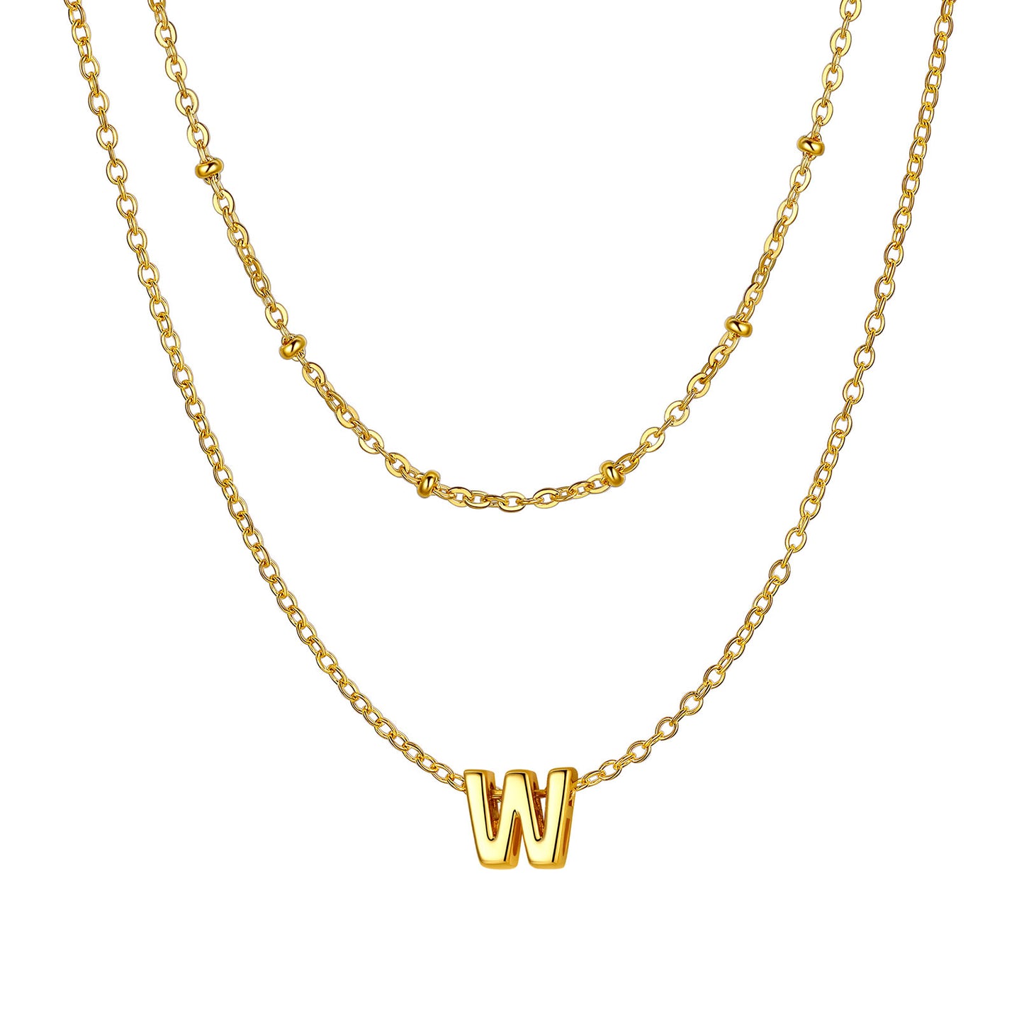 Gold Layered initial W necklace on a white background