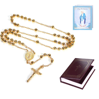 Gold beaded rosary with a crucifix and medallion, shown with a small prayer card featuring Our Lady of Rosary and a dark brown prayer book on a white background.
