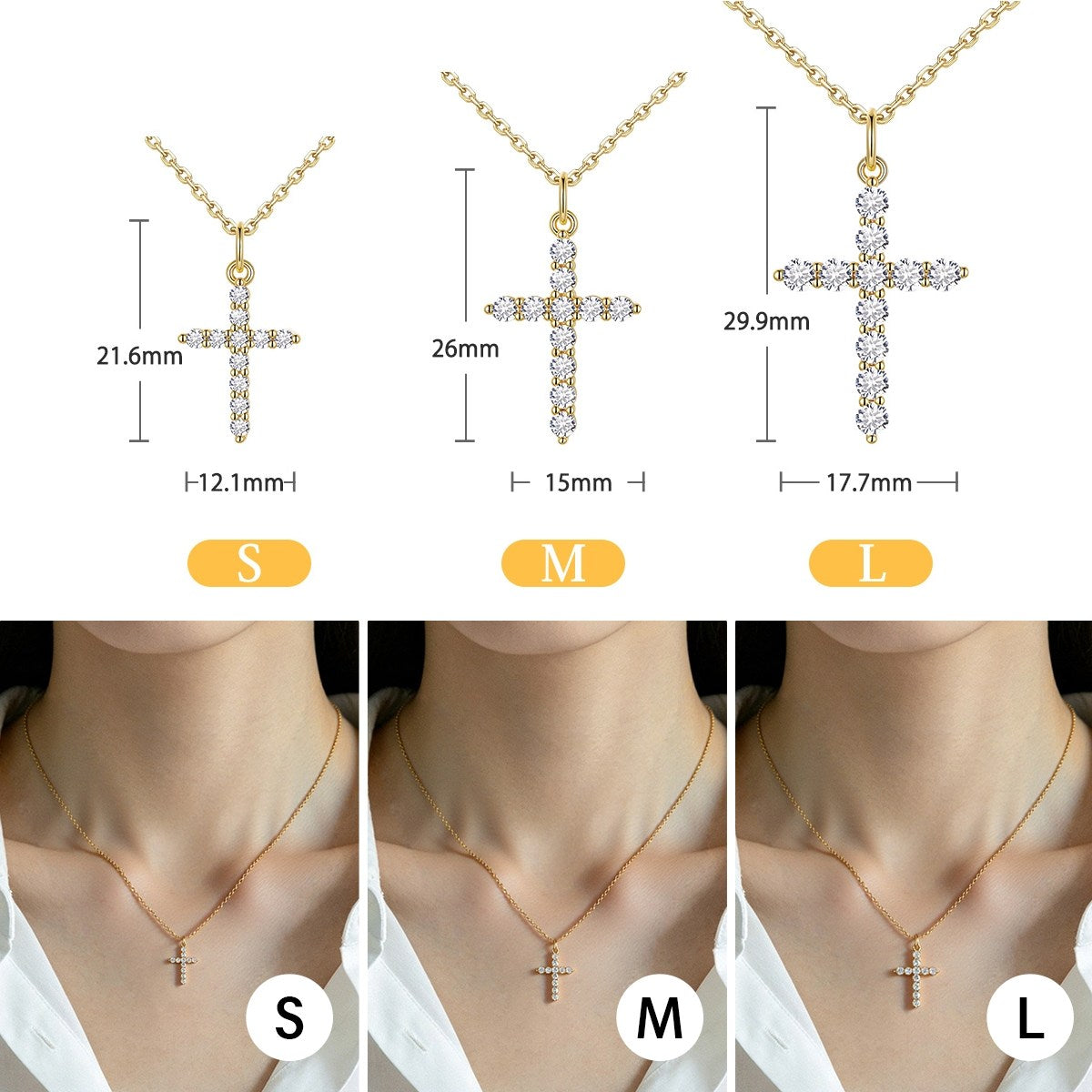 Gold cross necklace with size measurements and mannequin display.