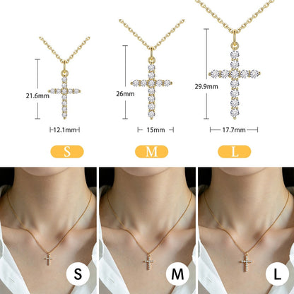 Gold cross necklace with size measurements and mannequin display.