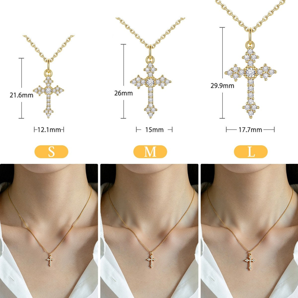 Gold cross necklaces with measurements and size options on a white background