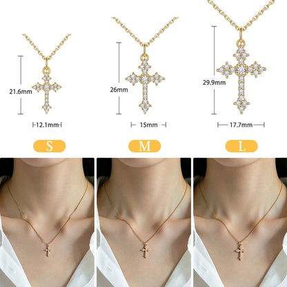 Gold cross necklaces with measurements and size options on a white background