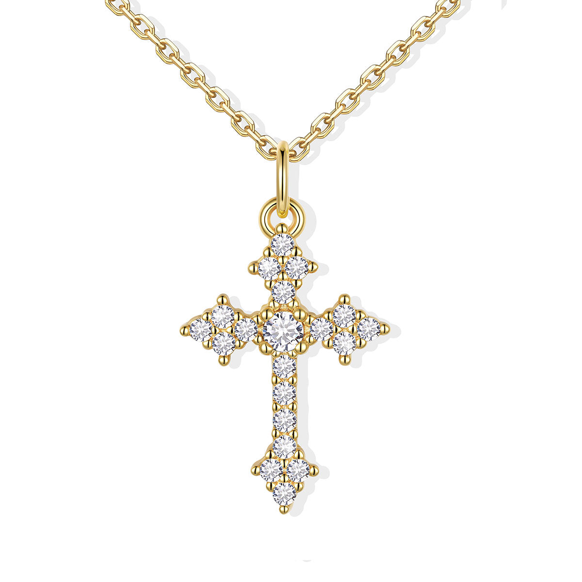Gold cross pendant necklace with diamonds on a white background