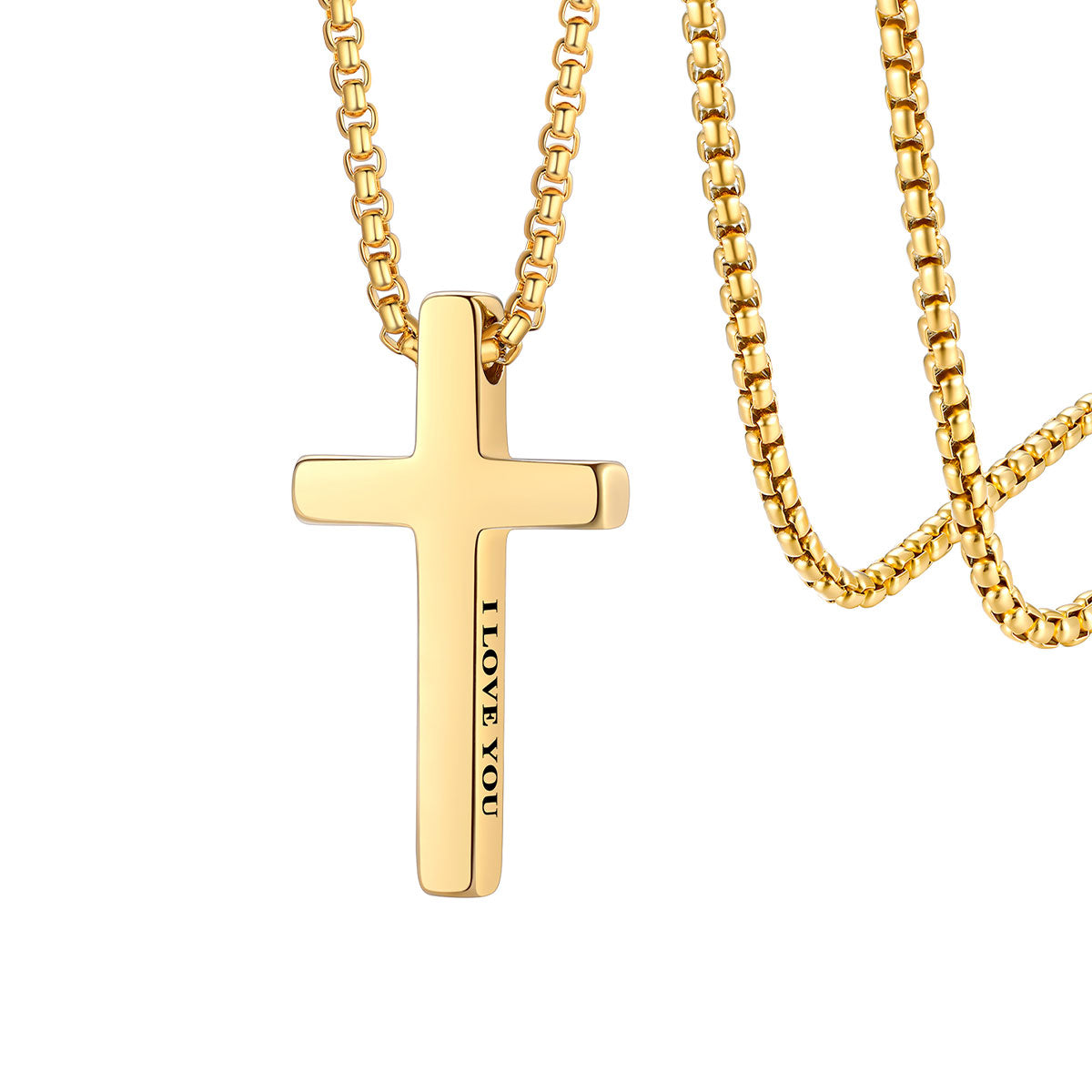 Gold custom cross necklace with 'I LOVE YOU' engraving on a white background