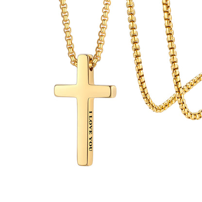 Gold custom cross necklace with 'I LOVE YOU' engraving on a white background