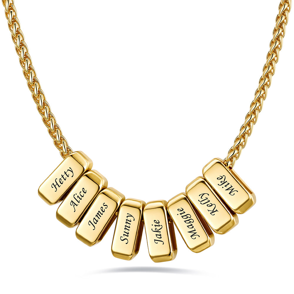 Gold custom name necklace with 8 rectangular pendant engraved on a white background