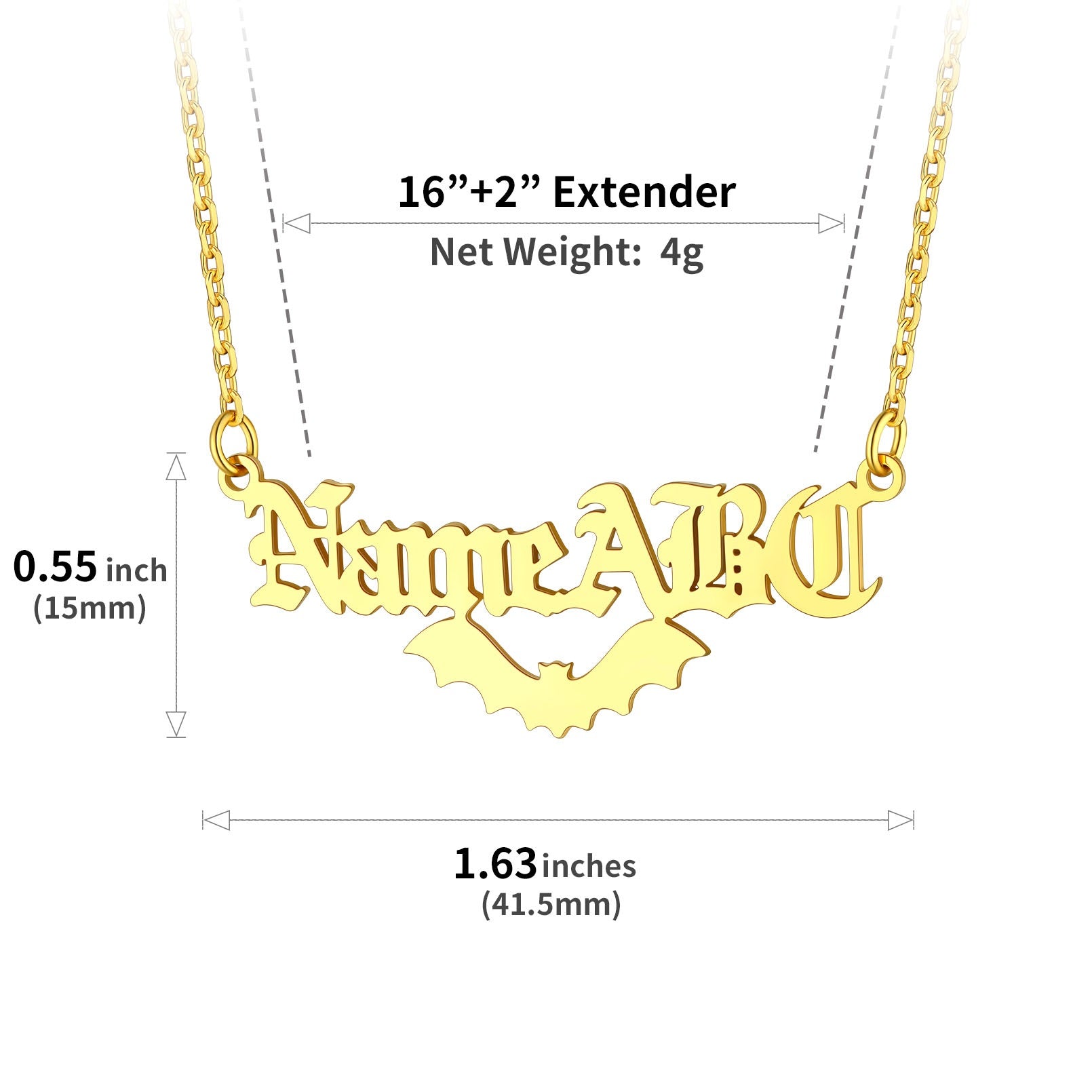 Gold custom name necklace with 'Name ABC' pendant and measurement details on a white background